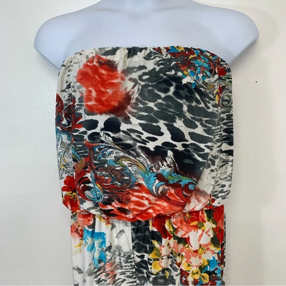 Kiss & Fly Strapless Jumpsuit Large Stretch Knit Colorful Mix Print Cinch Waist - Picture 2 of 12